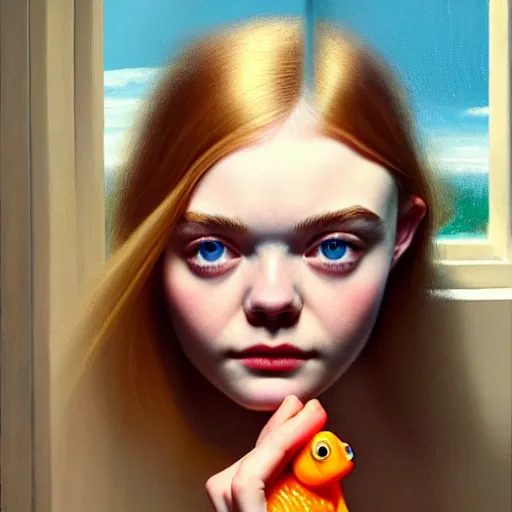 Image similar to portrait of a elle fanning wearing and a goldfish in a dark room with a window, detailed realism face in painting, detailed beautiful portrait, oil painting masterpiece, 8 k resolution, smooth, sharp focus, trending on artstation, by bruce pennington