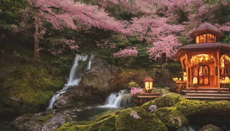 Prompt: a Sophia Coppola 35mm film still of a very surreal magical European castle style cabin with a bookstore cafe behind a lush waterfall, falling cherry blossoms pedals, in the style of Gucci and Wes Anderson glowing lights and floating lanterns, foggy atmosphere, rainy, moody, muted colors, magic details, very detailed, 8k, cinematic look, octane render, psychedelic,