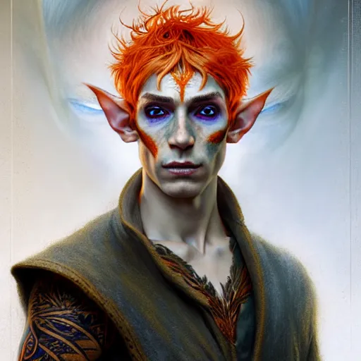 Image similar to portrait painting of an elven eladrin young man with short light orange hair and freckles and tribal tattoos on his cheekbones, ultra realistic, concept art, intricate details, eerie, highly detailed, photorealistic, octane render, 8 k, unreal engine. art by artgerm and greg rutkowski and charlie bowater and magali villeneuve and alphonse mucha