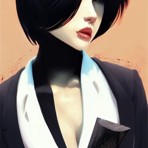 Image similar to slim cruel business girl in tuxedo with black bob hair, elegant, 2d, ultra highly detailed, digital painting, smooth, sharp focus, artstation, art by Ilya Kuvshinov