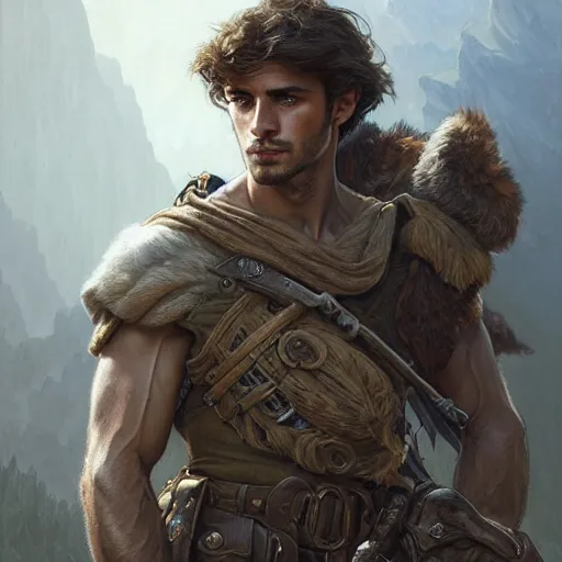 Prompt: portrait of a rugged ranger, handsome, muscular, 20 years old, D&D, fantasy, intricate, elegant, highly detailed, digital painting, artstation, concept art, matte, sharp focus, illustration, art by Artgerm and Greg Rutkowski and Alphonse Mucha