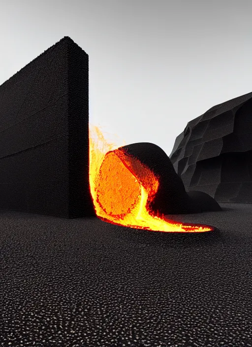 Prompt: tall black geometric house embedded in tall a lava cliff, full view, black house, molten metal house, minimal, rippled white landscape, dwarven architecture, light from molten iron, octane render, hyper realistic, 8 k, octane render