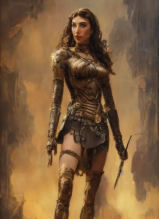 Prompt: oil painting highly detailed steampunk gal gadot, iron age : leonardo da vinci, greg rutkowski, magali villeneuve