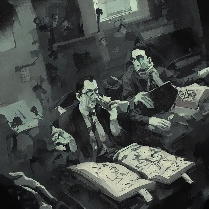 Image similar to a duotone comic noir illustration painting of hp lovecraft reading necronomicon by sachin teng and sergey kolesov and ruan jia and heng z. graffiti art, sci fi, fantasy art, hyper detailed. octane render. trending on artstation