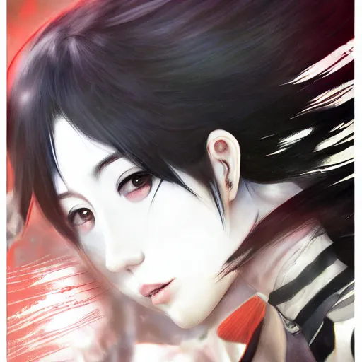 Prompt: heroine, beautiful, sui ishida with black hair art manga, hyperrealistic, highly detailed, a real photographic, digital art, 8 k, character, realistic, portrait, female samurai, symatrical, dark atmospheric lighting, artstation, symetric, lineart