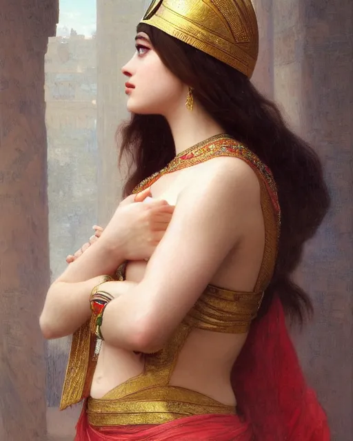 Image similar to Dakota Johnson as a beautiful egyptian princess, gorgeous, portrait, Symmetrical, powerful, intricate, beautiful, masterpiece, elegant, volumetric lighting, highly detailed, digital painting, hyper-realistic, artstation, sharp focus, no blur, illustration, William-Adolphe Bouguereau , ruan jia