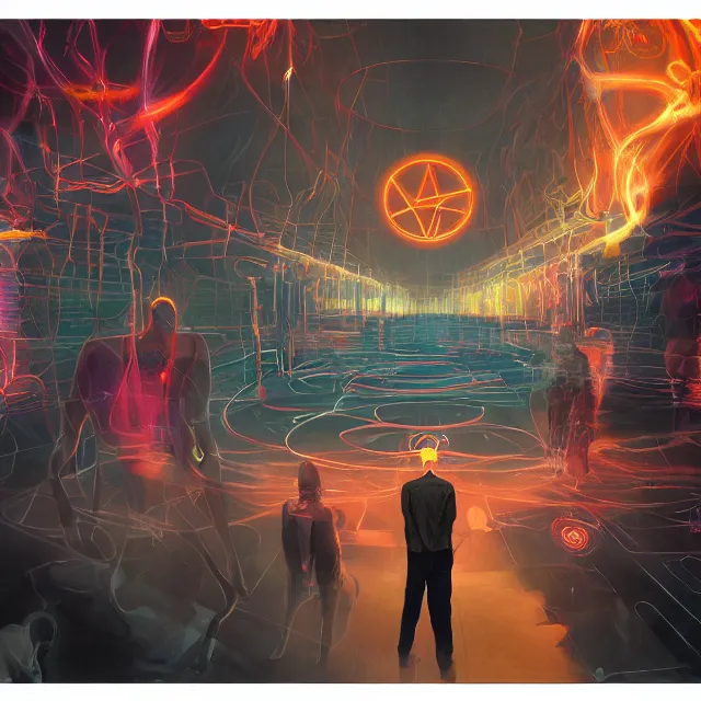 Prompt: a malevolent digital intelligence, portrait of a digital consciousness, glowing digital runes, panicked scientists in the background, brutalism, futurism, rhads!!!, james gurney, ( art fitzpatrick ), ( asaf hanuka ), ( ( barclay shaw ) ), ominous, saturday morning cartoon, clean linework, western animation