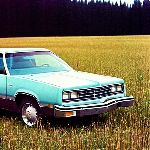 Prompt: A photograph of a beater faded Powder Blue Dodge Aspen (1976) in a farm field, photo taken in 1989