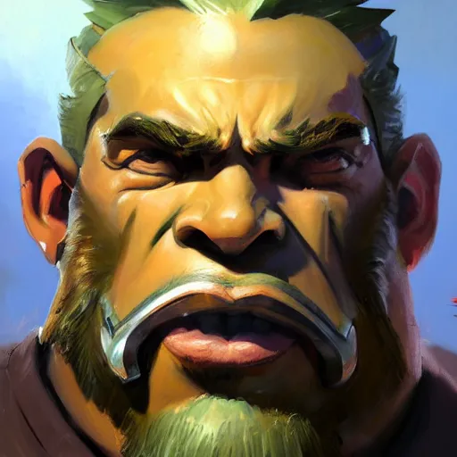 Prompt: greg manchess close - up portrait painting of a ruggedly handsome male dieselpunk orc with olive green skin as an overwatch character, medium shot, asymmetrical, profile picture, organic painting, sunny day, matte painting, bold shapes, hard edges, street art, trending on artstation, by huang guangjian and gil elvgren and sachin teng