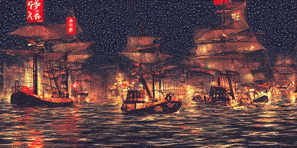 Image similar to cruiser sailing on flooded miniature kowloon city at night, raining, art by yoshitaka amano, and artgerm, pixel art