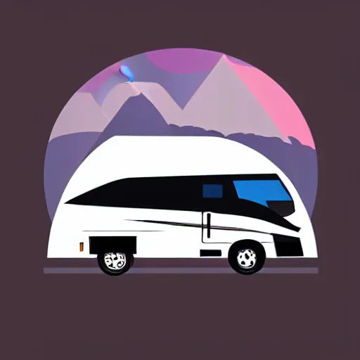 Prompt: very very very stylized minimal vector graphic of a white and black thor chateau motorhome, highway, mountains and sunset!!, white background, all enclosed in a circle, dramatic, professional minimal graphic design cartoon, award winning