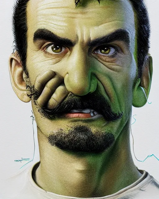 Prompt: portrait of real life luigi wearing a green shirt and braces, gritty, dark, beautiful, very detailed, hyperrealistic, medium shot, very detailed painting by Glenn Fabry, by Joao Ruas