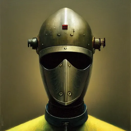 Image similar to Portrait of a Knight with cyberpunk helmet, Edward Hopper and James Gilleard, Zdzislaw Beksinski, Mark Ryden, Wolfgang Lettl highly detailed, hints of Yayoi Kasuma