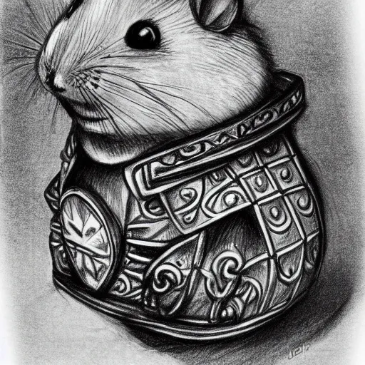 Prompt: a hamster wearing samurai armor. pencil drawing. concept art. filigree drawing.