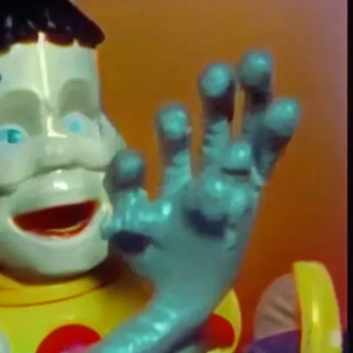 Image similar to vhs footage of an 8 0 s toy commercial of a super creepy toy