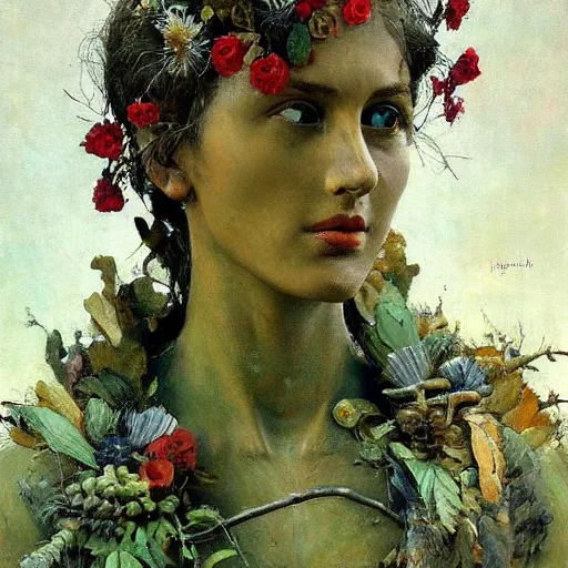 Image similar to a sculpture portrait made of ceramic and metal and flowers and plants, painting part by wojciech siudmak, part by ilya repin, part by max ernst, part by norman rockwell, artstation