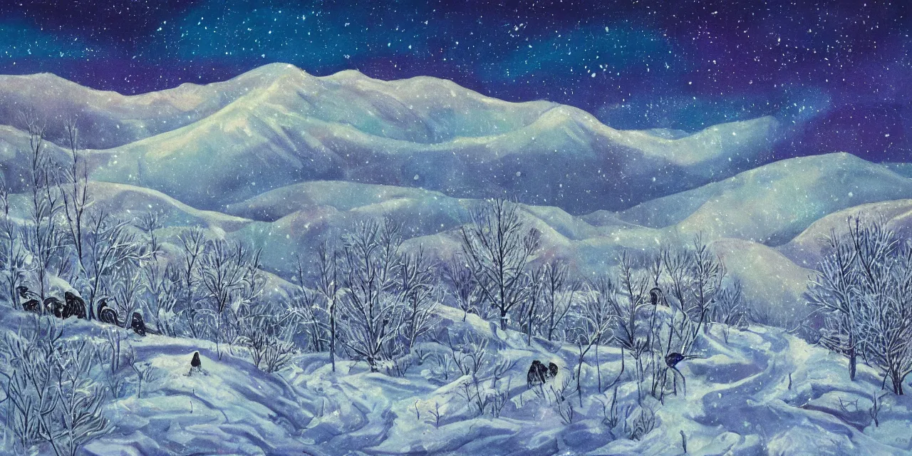 Prompt: laurentian appalachian mountains in winter, unique, original and creative landscape, surrealist painting, snowy night, distant town lights, aurora borealis, deers and ravens, footsteps in the snow, brilliant composition, fascinating textures
