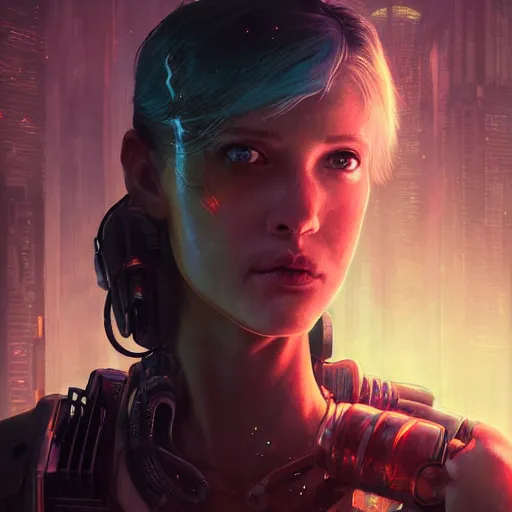 Image similar to a expressive portrait photograph of cyberpunk woman in dramatic lighting, depth of field background, artstation, award - winning realistic sci - fi concept art by jim burns and greg rutkowski, a realism masterpiece, expressive color palette, james gilleard, bruegel, alphonse mucha, and yoshitaka amano