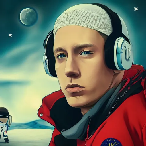 Image similar to eminem, on the moon, trending on artstation, anime style 4 k