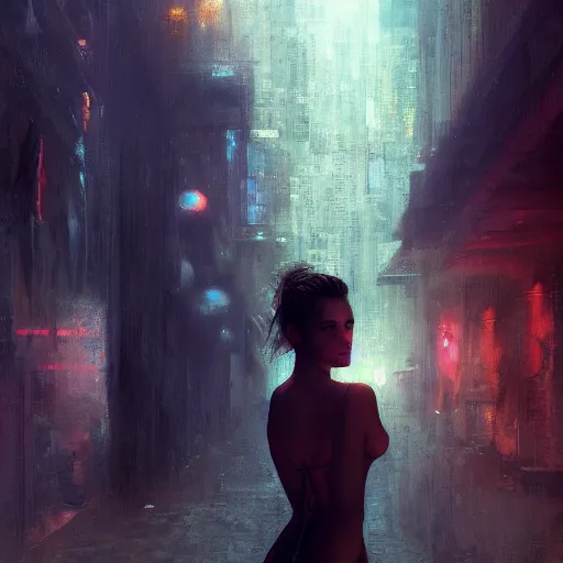 Prompt: bella thorne wearing nightgown, hyperrealistic full figure, bladerunner street alley, art of elysium by frank frazetta and by jeremy mann, fantasy art, photo realistic, dynamic lighting, artstation, full figure poster, volumetric lighting, very detailed face, 4 k, award winning