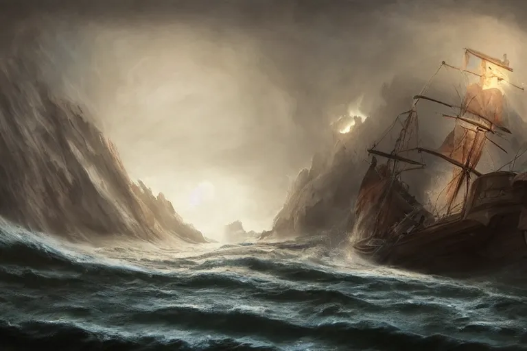 Prompt: Ancient Greek Sailing Vessel, The Argo, Plows through storm tossed ocean waves, Scylla and Charybdis, enormous Krakens, threaten from a rocky caves, the air is alive with rain lighting and fear by Jessica Rossier and HR Giger cinematic concept painting