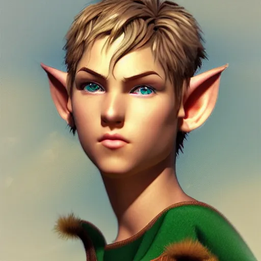 Image similar to close up headshot of a fantasy elf with short blonde hair, small ears and a strong jawline, 3/4 profile, character art, concept art, painting by Edward Robert Hughes