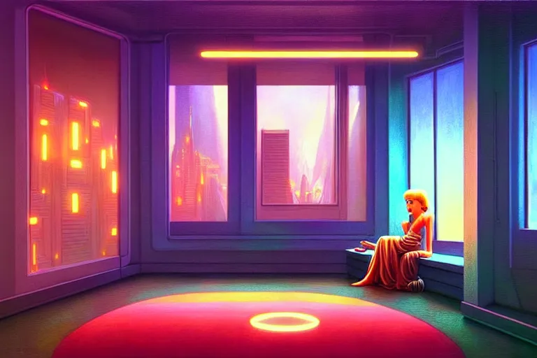 Image similar to chill apartment 🛸🌈, futuristic, neon god of city, in the style of margaret keane, moebius, tom bagshaw, and waterhouse, cinematic lighting, golden ratio, beautiful, elegant, oil painting,