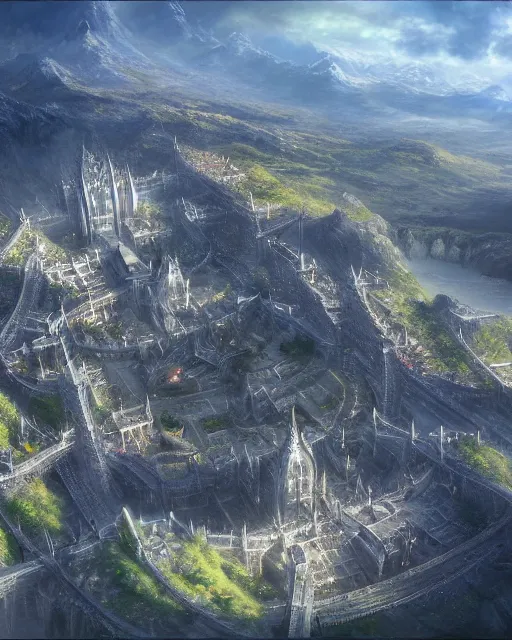 Image similar to gondor, aerial view by Leon Tukker, Makoto Kobayashi, 8k high detail, masterpiece, trending on ArtStation