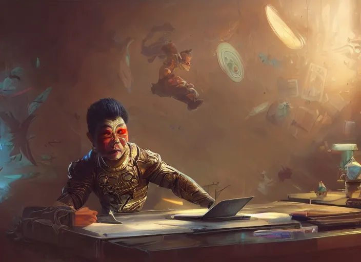 Image similar to an insanely detailed painting of an asian man wearing a homemade superhero costume, sitting at a desk, staring seriously at the computer and typing, in the style of peter mohrbacher, james jean, ruan jia, dramatic lighting and composition, surreal background, octane render, pixar, trending on artstation, concept art, comic book, view from behind, 8 k