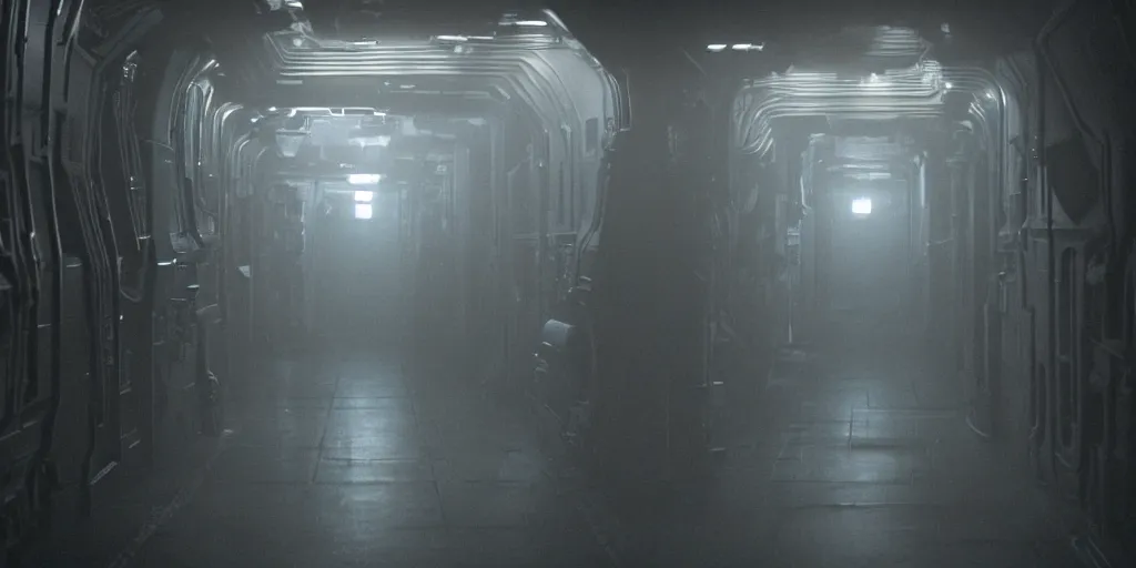 Image similar to a tight shot of a dark Alien ship interior corridor by Ridley Scott with lots of steam, Aliens movie, grainy, moody, dark, bleak