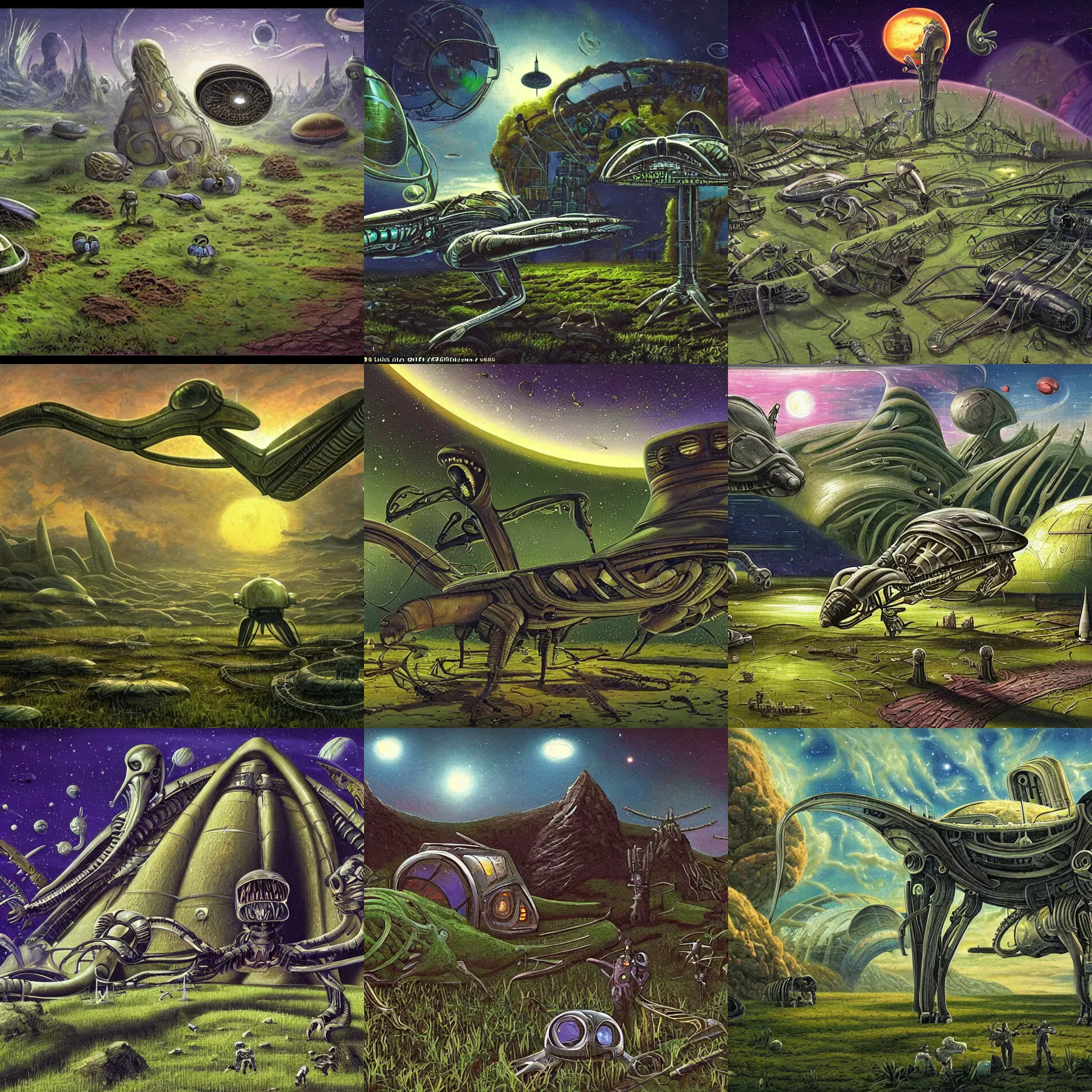 Prompt: next to a small fighter spacecraft, on an alien grassland, from a space themed point and click 2 d graphic adventure game, set design inspired very slightly by hg giger, art inspired by thomas kinkade