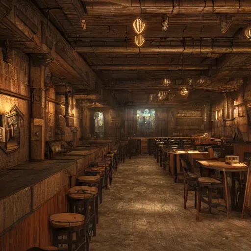 Image similar to ultra mega super hyper realistic Digital concept interior design of Cyberpunk tavern mixed with medieval style. Natural sunlight from the transperient roof . Rendered in VRAY and DaVinci Resolve and MAXWELL and LUMION 3D, Volumetric natural light