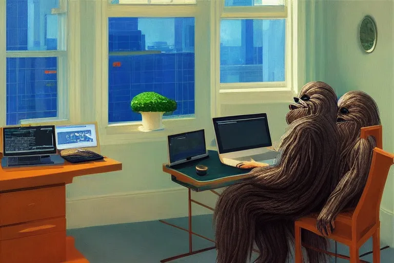 Prompt: wookiee comfy at home trading crypto on a laptop. the charts are at all - time - highs, painting by edward hopper, 3 d rendering by beeple