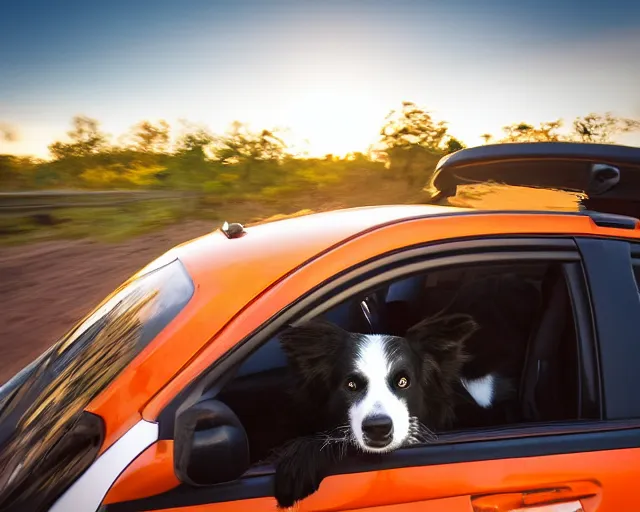 Image similar to border collie dog in the driver's seat of an orange nissan note, paws on wheel, car moving fast, rally driving photo, award winning photo, golden hour, front of car angle, motion blur