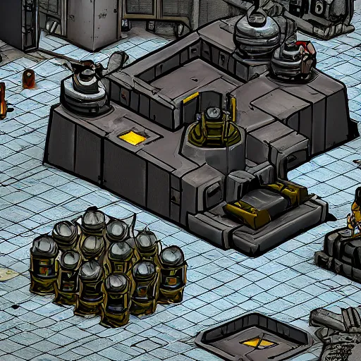 Image similar to fallout enclave fighter in power armor with a minigun in his hands stands next to the entrance to the fallout shelter, camera view isometric, post - apocalyptic,