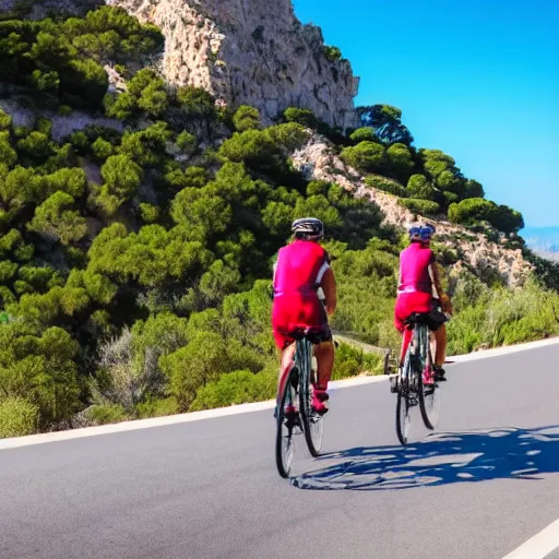 Image similar to 3 friends on professional road bycycles riding in the mountains of Mallorca, sea in the background, 4k