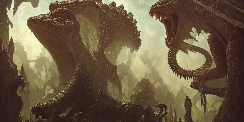 Image similar to crocodile lair priestess ceremony, deep focus, d & d, fantasy, intricate, elegant, highly detailed, digital painting, artstation, concept art, matte, sharp focus, illustration, hearthstone, art by artgerm and greg rutkowski and alphonse mucha