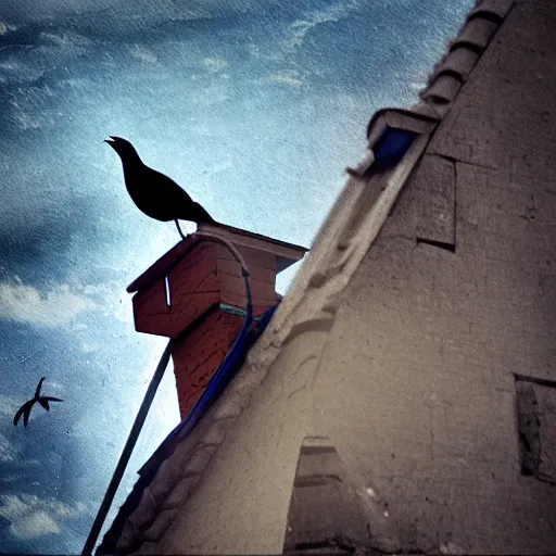 Image similar to A clown on the roof of the church playing with crows, futurist, digital art, dramatic lighting, symbolic