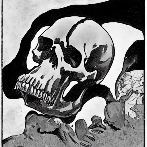Image similar to A skull of a tapir. Frontal View, Close Up Shot, Dark Fantasy, Film Noir, Black and White. High Contrast, Mike Mignola, D&D, OSR