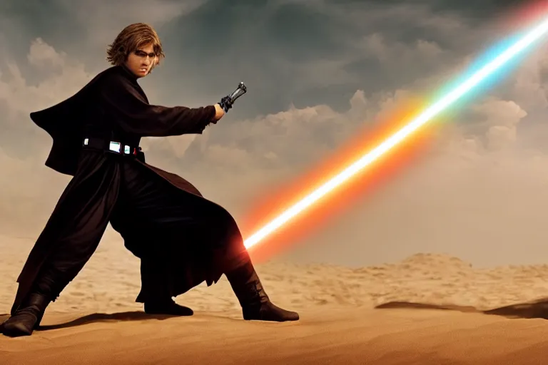 Image similar to Anakin Skywalker lightsaber duel against sand, high detailed, cinematic, film, scene, cinematic lighting, high resolution, 8k, hd