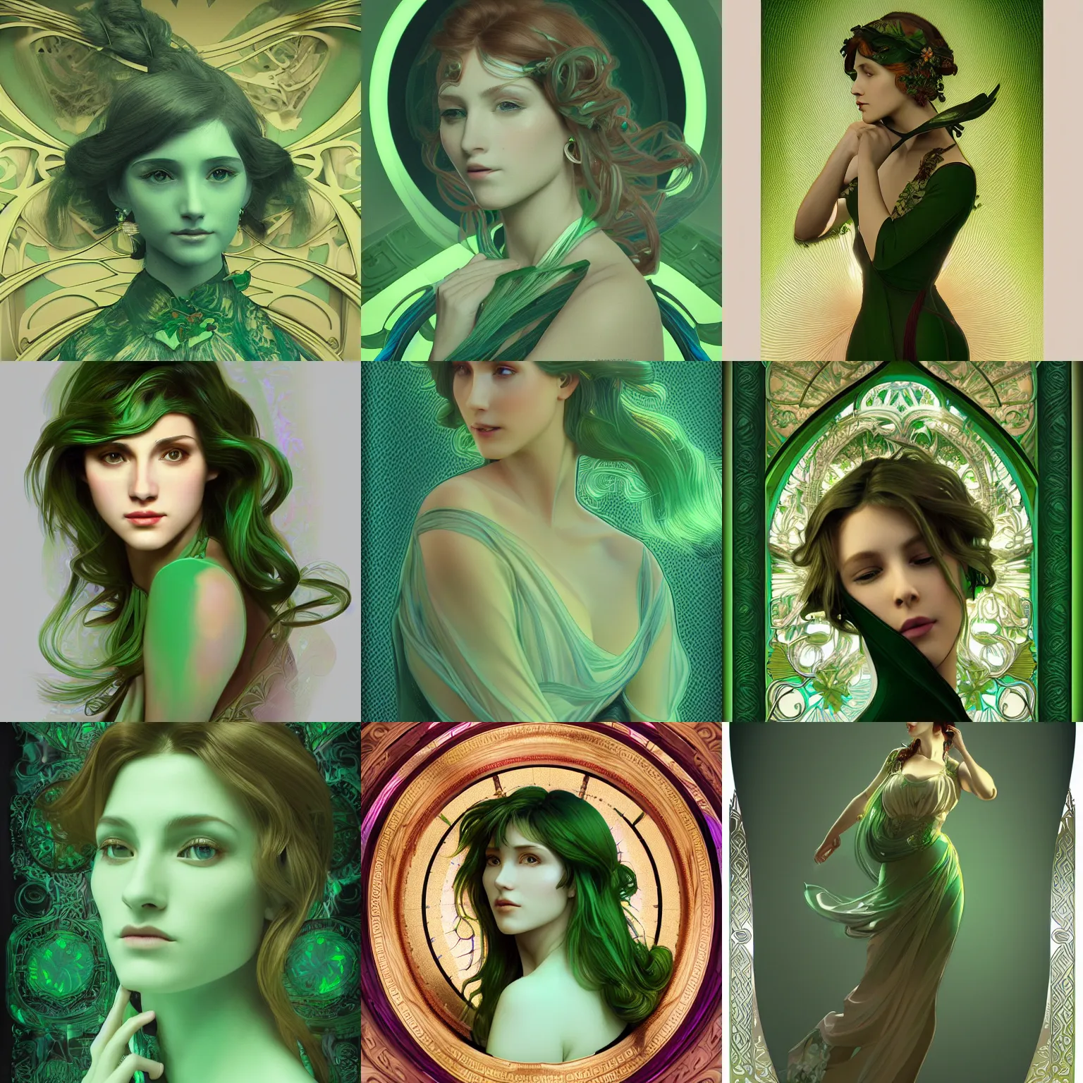 Prompt: elegant woman holograph green, as seen on artgerm, octane render, in the style of alphonse mucha, ultra realistic, highly detailed, 8 k