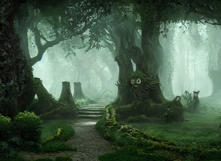 Prompt: secret garden, pathway, scary monster statues, trees with faces, in the style of pan's labyrinth movie, spooky, very dark, concept art, unreal engine 5, matte painting, artstation, caspar friedrich