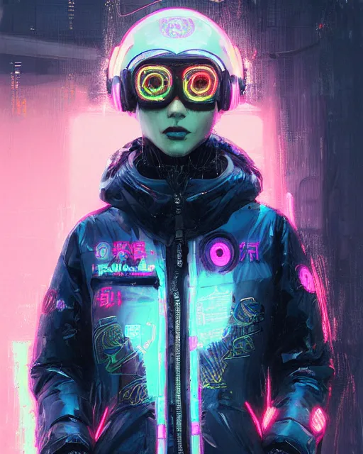 Image similar to detailed portrait Neon Operator Girl, cyberpunk futuristic neon, reflective puffy coat, decorated with traditional Japanese ornaments by Ismail inceoglu dragan bibin hans thoma greg rutkowski Alexandros Pyromallis Nekro Rene Maritte Illustrated, Perfect face, fine details, realistic shaded, fine-face, pretty face