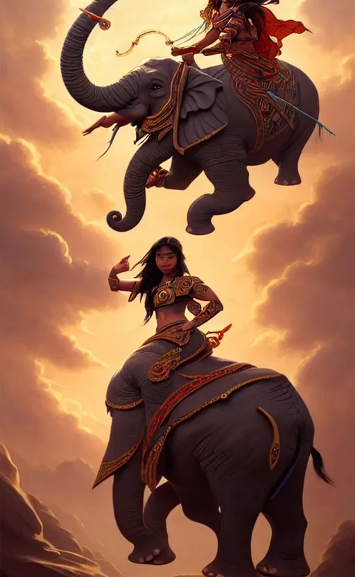 Image similar to magic tribal ethnic asian female, riding a war elephant, contrast lightning, deep focus, d & d, fantasy, intricate, elegant, highly detailed, digital painting, artstation, concept art, matte, sharp focus, illustration, hearthstone, art by artgerm and greg rutkowski and alphonse mucha