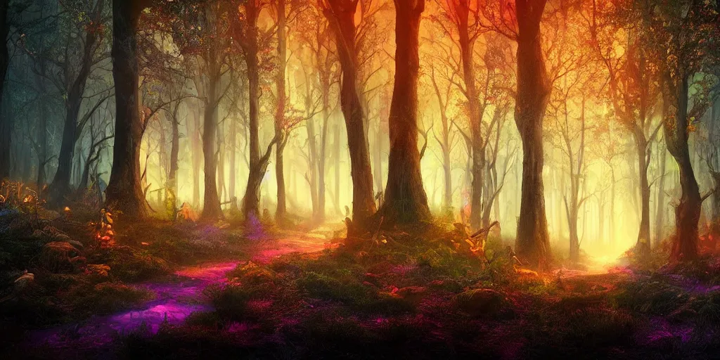 Image similar to beautiful matte painting of a colorful fantasy dark forest at night