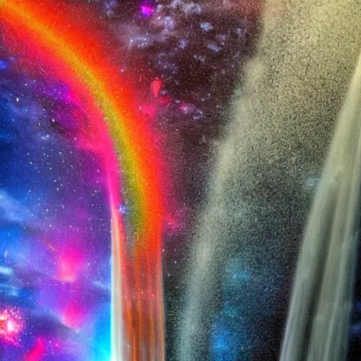 Prompt: a rainbow waterfall in outer space, vibrant, steampunk