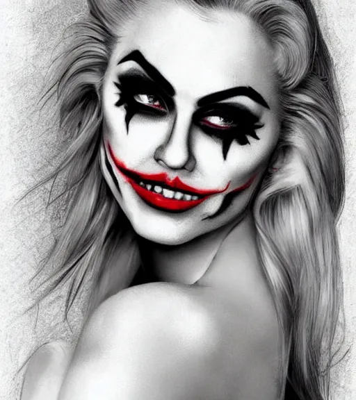 Image similar to tattoo design sketch of a beautiful blonde girl portrait with joker makeup, in the style of den yakovlev, realistic face, black and white, realism tattoo, hyper realistic, highly detailed