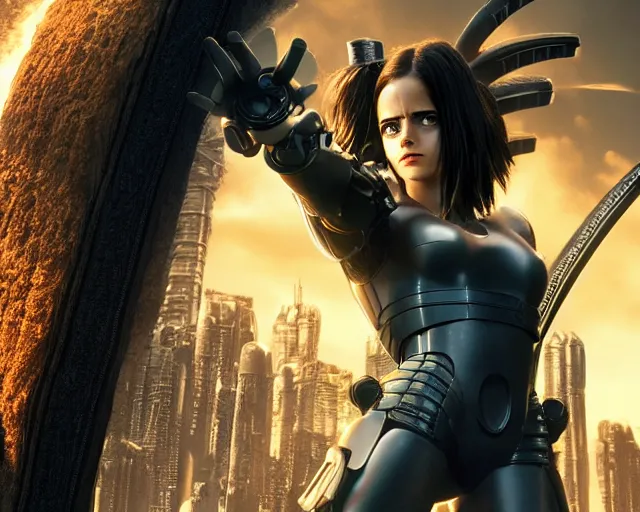 Prompt: a film still from battle angel alita played by actress emma watson, portrait, cinematic lighting, photorealistic, hyperrealistic, highly detailed, photorealistic, high resolution, 4 k