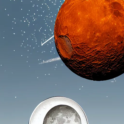 Image similar to a 3 d render of a coin crashing into the moon, exploding, space