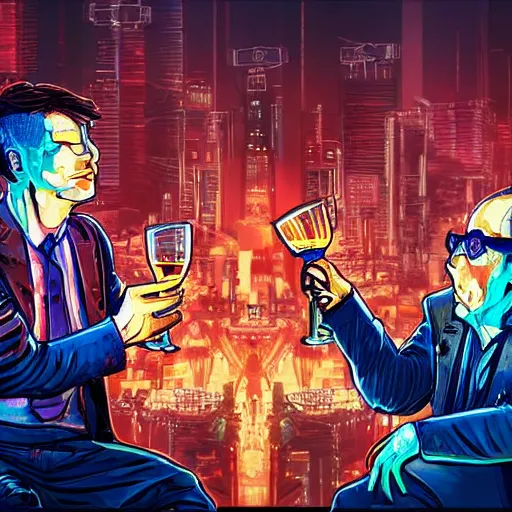 Image similar to two men toast while waiting for the end of the world in a burning cyberpunk city, realistic, high definition, 4K, shimmering color, symmetrical face, hyper detailed, art of unreal ingine 5